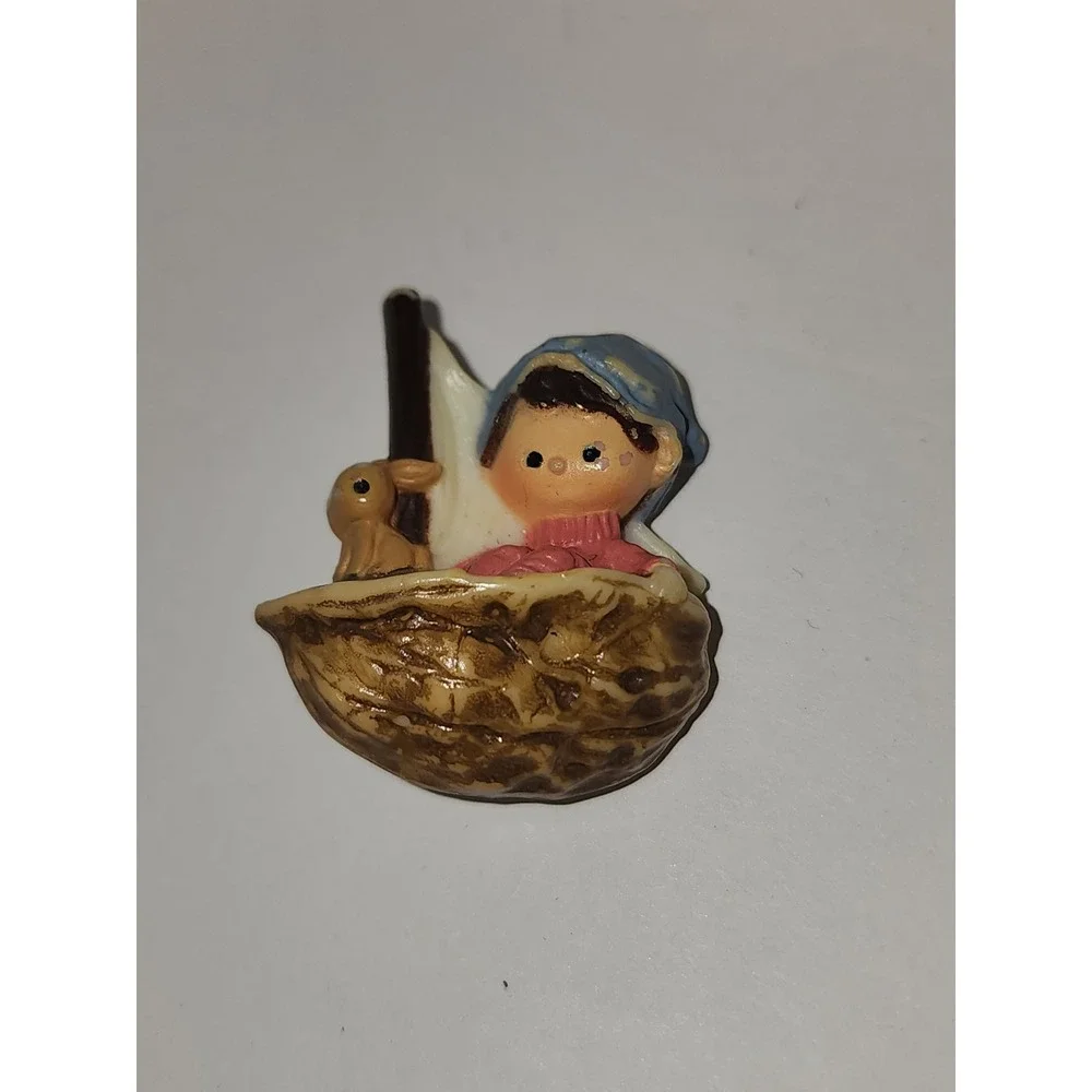 Vintage Hallmark Pixie Girl in‎ Walnut Boat with Easter Bunny Brooch Pin